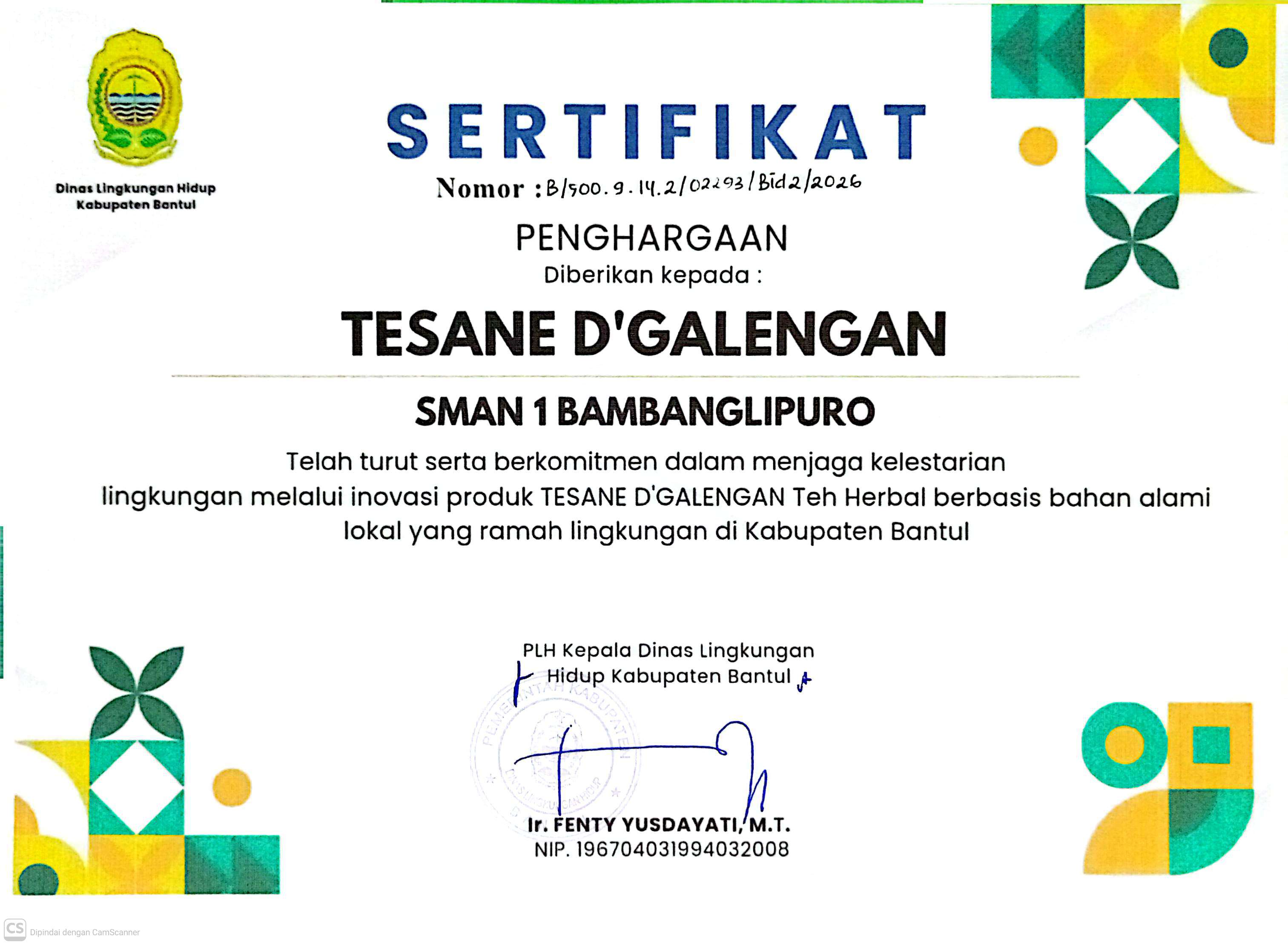 Sertifikat Apresiasi Dinas Lingkungan Hidup
