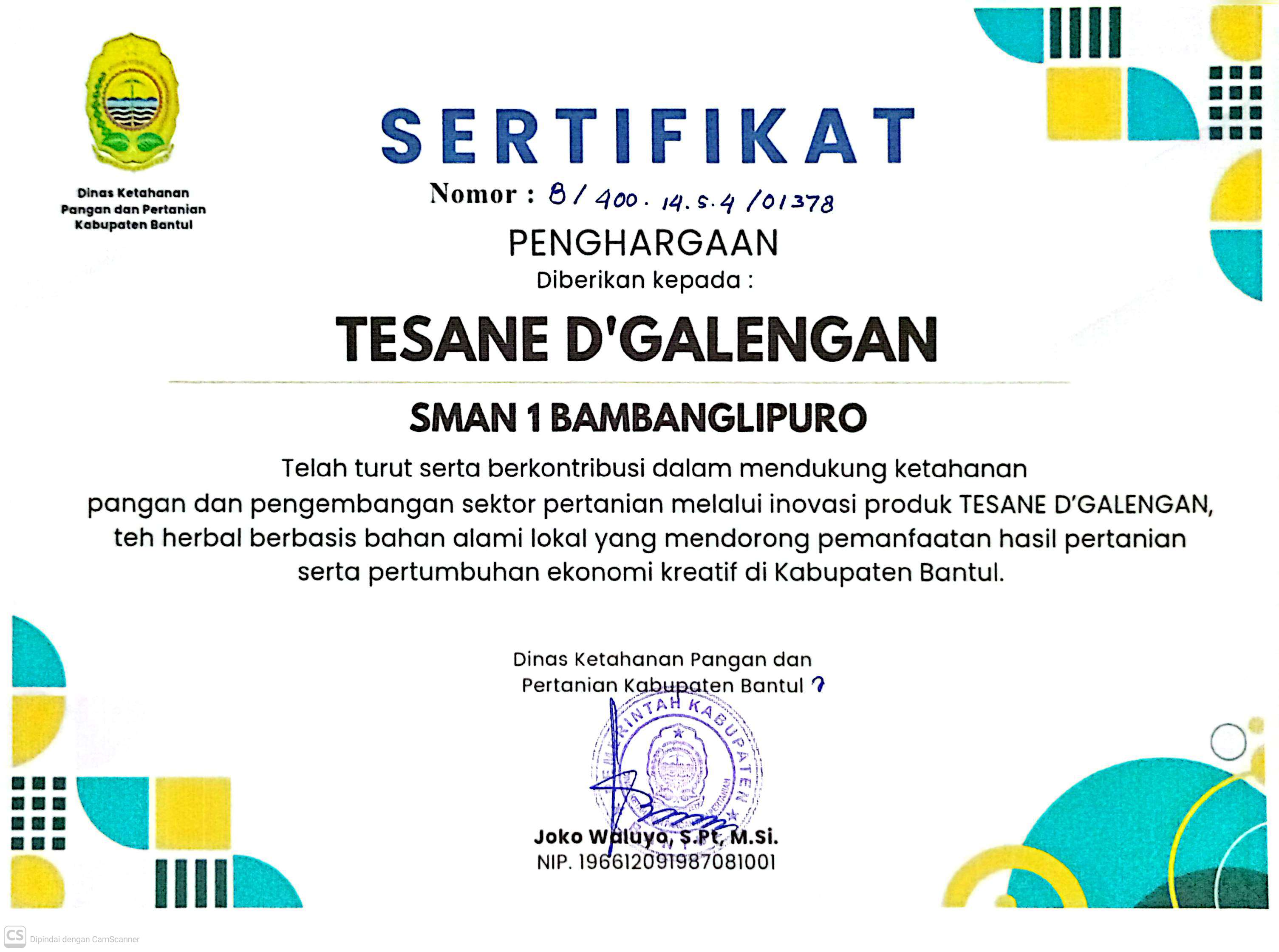 Sertifikat Apresiasi Dinas Ketahanan Pangan dan Pertanian